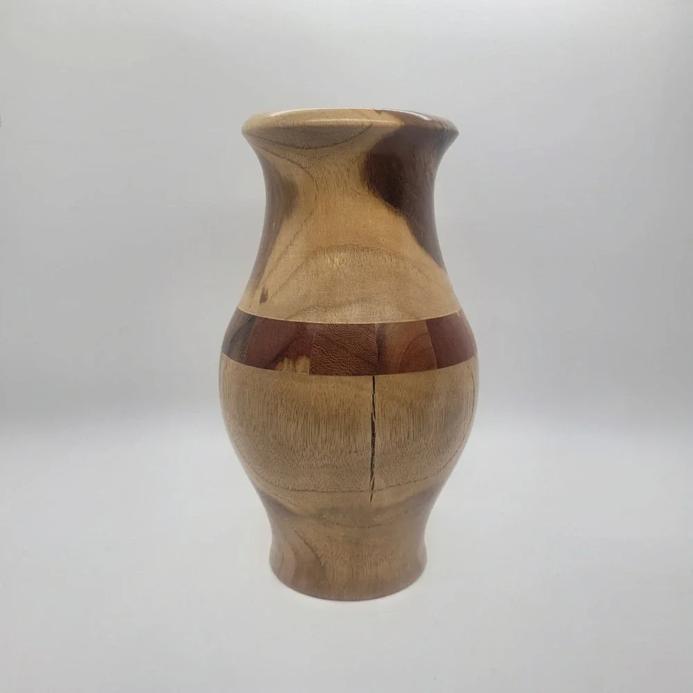 Handmade Segmented Wood Vase Artisan Turned Decorative Inlay Brown 8 inch